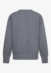 Felpa grigia a maniche lunghe con polsini e orlo a costine e colletto rotondo, vista da dietro su uno sfondo bianco.