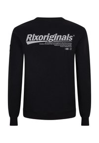 Zwarte sweatshirt met een grote witte grafische tekst op de achterkant, met ribgebreide manchetten en zoom, en een ronde halslijn.