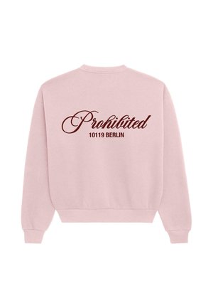 Light pink sweatshirt featuring the word "Prohibited" in dark red cursive, with "10119 BERLIN" in a bold typeface below it. Classic crew neck.