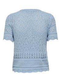 Top de punto de manga corta en azul claro con intrincados patrones calados y bordes ondulados en las mangas y el dobladillo.