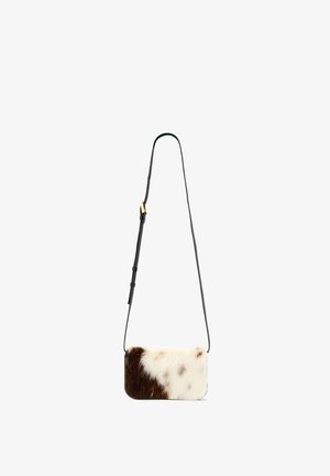 Small rectangular crossbody bag with adjustable black strap, featuring brown and white cowhide fur pattern on the front panel.