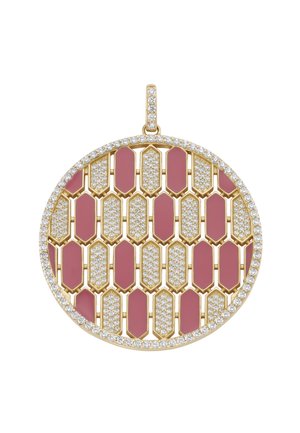 Runder Goldanhänger mit abwechselnden vertikalen pinken Email- und diamantbesetzten Stegen, eingefasst von einem Kreis kleiner Diamanten.