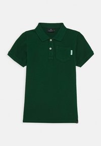 Zielona bawełniana koszulka polo z dwoma guzikami, krótkimi rękawami i kieszonką na piersi. Ma małą metkę z logo na kieszeni. Miękka w dotyku.