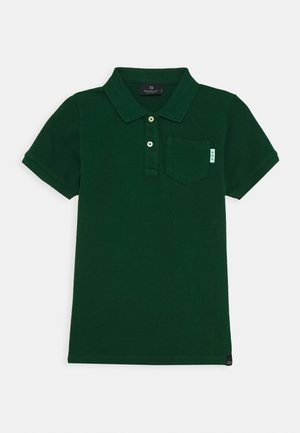 Zielona bawełniana koszulka polo z dwoma guzikami, krótkimi rękawami i kieszonką na piersi. Ma małą metkę z logo na kieszeni. Miękka w dotyku.