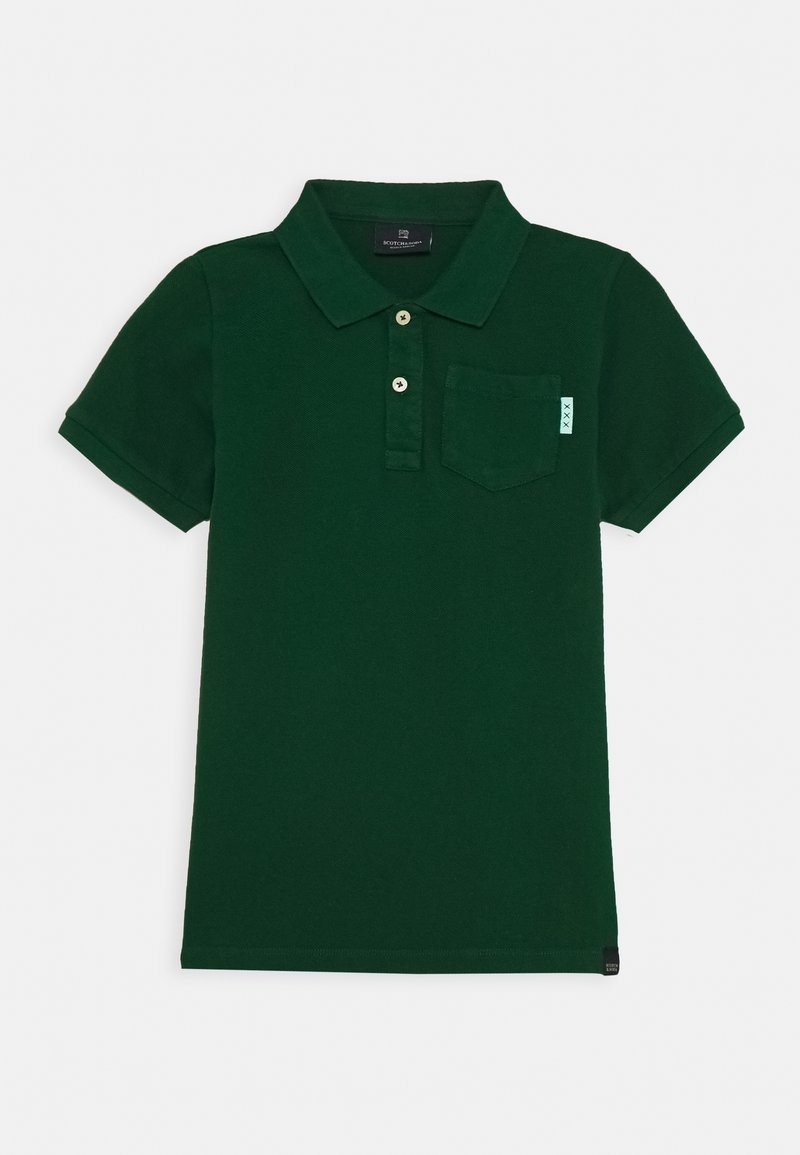 Zielona bawełniana koszulka polo z dwoma guzikami, krótkimi rękawami i kieszonką na piersi. Ma małą metkę z logo na kieszeni. Miękka w dotyku.
