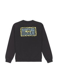 Sweat-shirt noir avec un logo Quiksilver surdimensionné et coloré au dos. Le matériau semble doux avec des poignets et un ourlet côtelés.