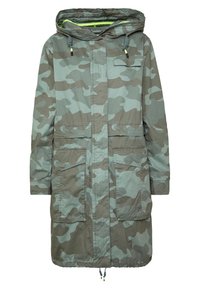Camo-parka jacket in green and gray tones, featuring a hood, front zip, two large pockets, and drawstring hem. Textured fabric.