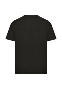 Black short-sleeve t-shirt, cotton material, crew neckline, and standard fit, featuring a smooth texture with no visible logos or designs.