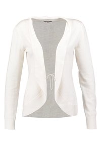 Cárdigan blanco de punto con apertura frontal, mangas largas, puños acanalados y cinturón en la cintura. Material ligero con una textura suave.