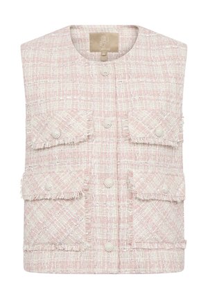 Rozā auduma veste ar teksturētu apdari, kas iekļauj četras frontālās kabatas, frizējumus un apaļas pogas aizdari.