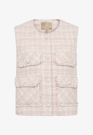 Roosa tweed-särgid, millel on tekstuuriga viimistlus, nelja esikotiga, frantsi üksikasjad ja ümmargused nööpkinni.