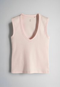 Sleeveless light pink ribbed knit top with a deep V-neckline, laid flat on a white surface.