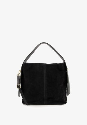 Schwarze Wildleder-Handtasche mit glatter Textur, zwei Trageoptionen, darunter ein schwarzer Riemen und ein Griff, mit goldenen Hardware-Akzenten.