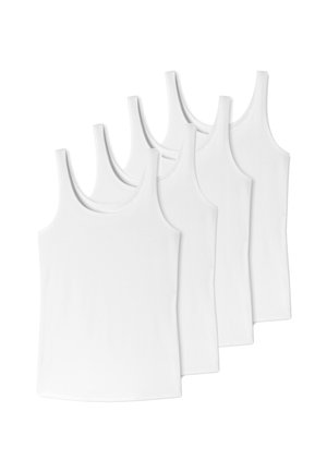 Vier schlichte weiße ärmellose Tanktops, überlappend auf einem weißen Hintergrund angeordnet.