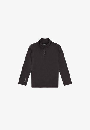 Čierny fleecový pulóver s polovičným zipsom, dlhými rukávmi a logom na hrudi a rukáve. Hladká textura, ľahký dizajn.