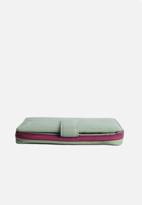 Green and purple zip-around wallet, featuring a smooth exterior with a snap closure and contrasting zipper detail. Compact rectangular shape.