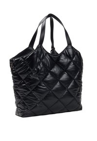 Black quilted tote bag made of shiny, padded material with two sturdy handles. Features diamond-shaped stitching and a soft texture.