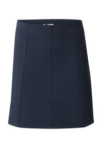 Navyblauwe skaterrok gemaakt van stretchstof, met een aansluitende taille, paneelontwerp en een rechte zoom. Geen zichtbare patronen of versieringen.