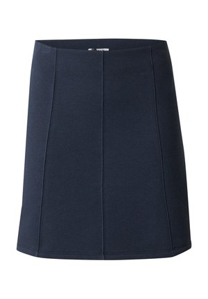 Navyblauwe skaterrok gemaakt van stretchstof, met een aansluitende taille, paneelontwerp en een rechte zoom. Geen zichtbare patronen of versieringen.