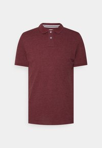 Burgundy polo shirt made of textured cotton, featuring a classic collar, three-button placket, and horizontal striped accents inside the collar.