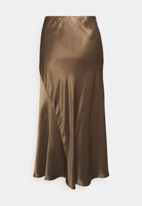 Brun satin kjol med omslagsdesign, som har en mjuk textur och en försiktigt utsvängd nederkant. Tyget har en subtil lyster.