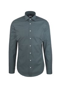 Camicia da uomo a maniche lunghe con botttoni, con motivo circolare color teal e bottoni bianchi, colletto all'americana e taglio attillato.