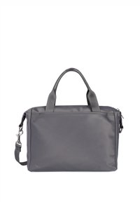 Borsa rettangolare grigia realizzata in tessuto liscio, dotata di due manici superiori e di una tracolla rimovibile, caratterizzata da una chiusura con zip.