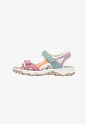 Des sandales multicolores avec des bretelles synthétiques roses, orange, bleu clair et violettes, des accents blancs et une semelle extérieure texturée couleur tan avec des détails de motif.