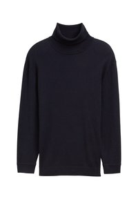Suéter de cuello alto de color navy, material de punto suave, corte relajado, mangas largas, con cuello y puños acanalados, color sólido, sin patrones ni adornos.