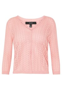 Cardigan en tricot rose avec un col en V, fermeture à boutons, manches trois-quarts et un motif chevron sur toute la surface.