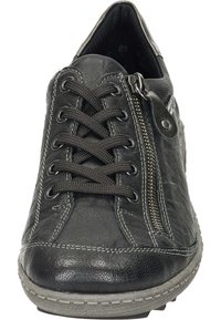 Schwarze Leder-Sneaker mit runder Zehenform, Schnürung auf der Vorderseite und seitlichem Reißverschluss. Merkmale sind kontrastierende Nähte und eine strukturierte Oberfläche. Gummisohle.