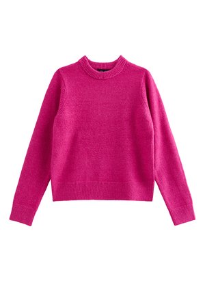 Maglione fucsia con scollo rotondo e maniche lunghe. Polsini e orlo a costine, realizzato in morbido tessuto lavorato a maglia, con una texture liscia.
