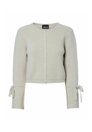 Light grey ribbed cardigan with round neckline, front button closure, and tie accents on sleeves. Made from a soft, textured fabric.