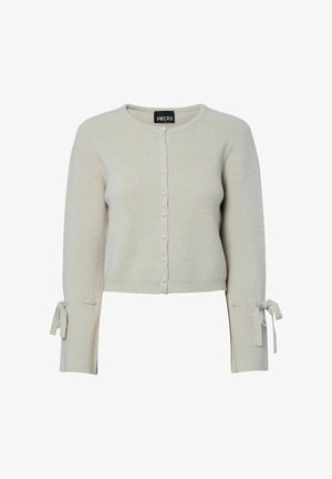 Heled hall ribale tõmblukk ja ümara kaelusega kardigan, millel on nuppude sulgemine ees ning lipsudetailed varrukatel. Valmistatud pehmest, tekstuuriga kangast.