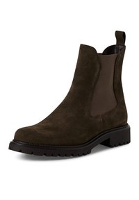 Bottines en daim marron avec des panneaux élastiques sur les côtés, un bout arrondi et une semelle en caoutchouc noir robuste. Boucle de talon renforcée pour un enfilage facile.