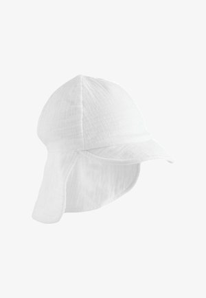 Fehér pamut napkalap puha, anyagból készült nyakvédővel és ívelt karimával a napvédelem érdekében.