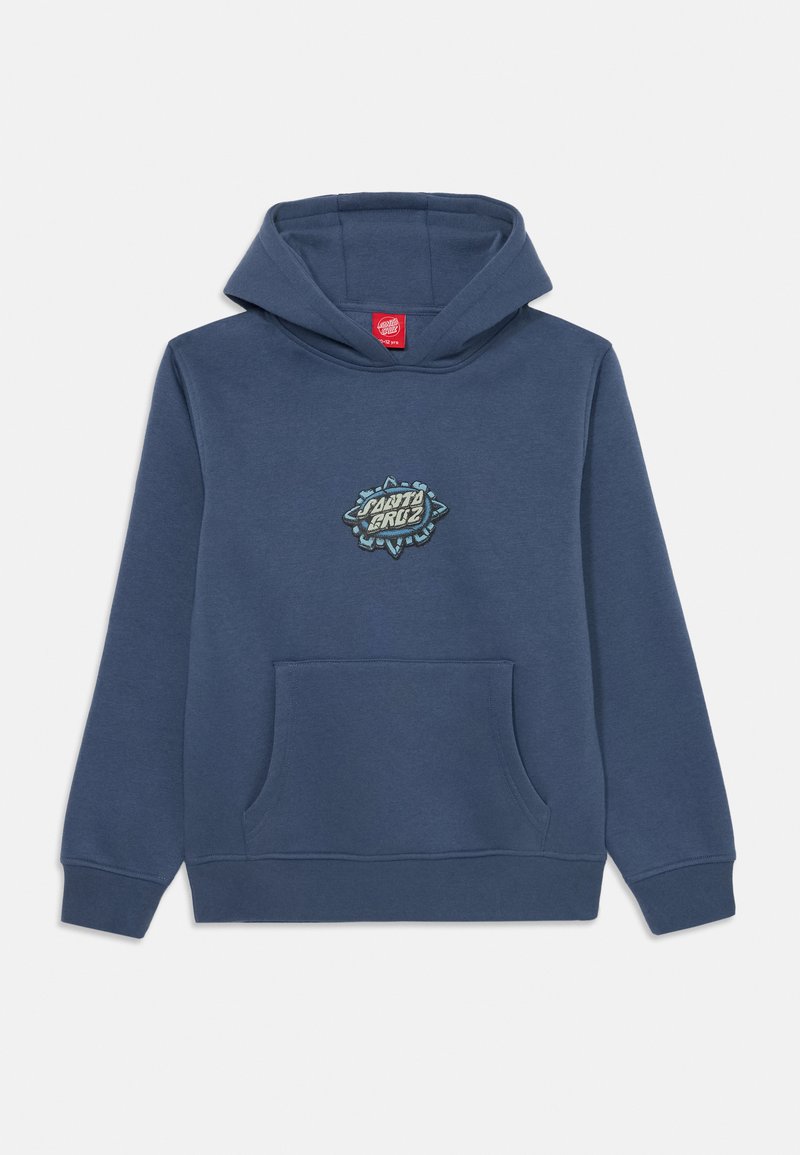 Navy blue cotton hoodie with a front pocket, featuring an embroidered Santa Cruz logo in the center. Soft texture and standard fit.