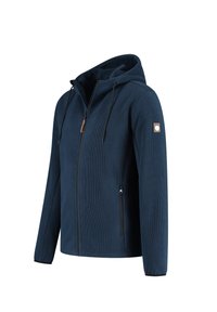 Marineblauwe hooded zip-up jas met trekkoorden, fleece voering, ritszakken en een klein logo op de mouw.