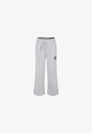 Pantalons de survêtement gris avec taille à cordon, jambes fuselées et logo brodé. Fabriqués en tissu doux et texturé avec des détails de couture latérale.