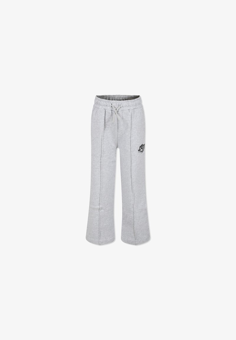 Grijze sweatpants met een trekkoord in de taille, taps toelopende pijpen en een geborduurd logo. Gemaakt van zachte, textuurstof met details van zijnaadstiksels.
