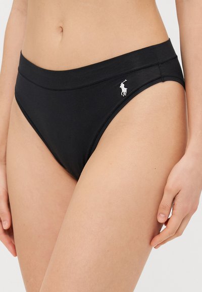 Black bikini bottom with a smooth texture, featuring a high-waisted design and a small white logo on the left side.