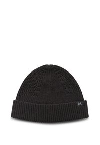 Black knit beanie with ribbed texture, foldable cuff, and a small logo tag. Round crown shape, lightweight fabric for warmth.