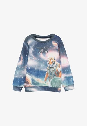 Sweter z okrągłym dekoltem z kolorowym kosmicznym nadrukiem z tygrysem w skafandrze astronauty. Wykonany z miękkiego materiału, z prążkowanymi mankietami i dołem.