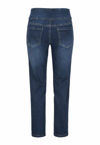 Mörkblå denimbyxor med hög midja, avsmalnande ben, två bakfickor och kontrasterande sömmar. Avslappnad passform som passar för vardagsbruk.