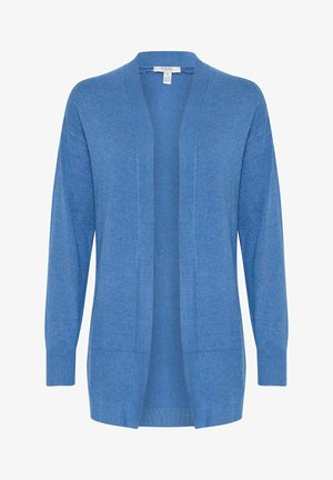Cardigan bleu en tissu doux, avec une ouverture à l'avant, des manches longues et des poignets côtelés. Finition texturée sans motifs visibles.