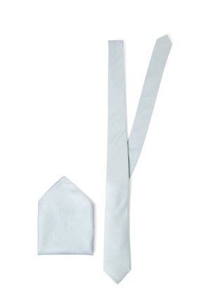 Light blue textured necktie and matching pocket square on a white background.