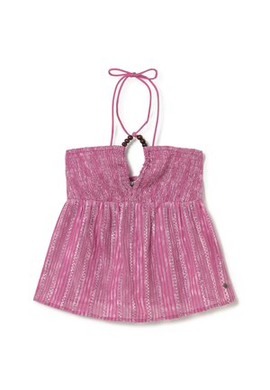 Top rosa de cuello halter sin mangas con busto fruncido, detalle de cuentas de madera y rayas verticales de lentejuelas en la tela fluida.