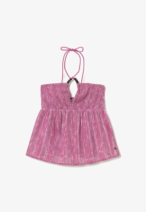 Top rosa de cuello halter sin mangas con busto fruncido, detalle de cuentas de madera y rayas verticales de lentejuelas en la tela fluida.