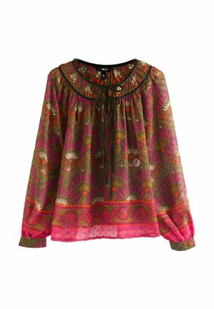 Langærmet bluse i flerfarvet gennemsigtigt stof med rosa, guld- og grønne mønstre; samlet halsudskæring med bindebånd og elastiske manchetter.