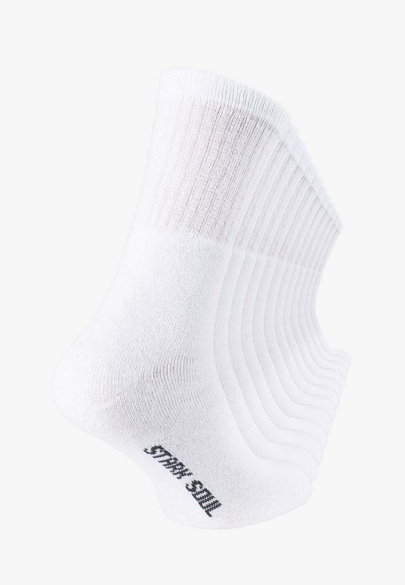 Chaussettes blanches de type crew avec une texture côtelée et des poignets élastiqués. Plusieurs paires empilées pour afficher un design uniforme et une marque au niveau du talon.
